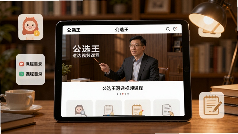 公选王遴选视频课程页面,平板电脑播放名师讲课画面,周围有课程目录和笔记图标,背景为暖色调书房场景,突出学习氛围,画面自然温馨