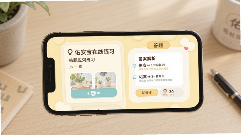 佑安宝在线练习界面,展示答题页面和答案解析,题目文字清晰,选项按钮圆润,背景为淡黄色,界面友好,手机居中,光线柔和,细节丰富,风格简洁