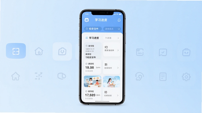 佑安宝软件主界面预览图,展示首页课程列表、学习进度和功能导航,背景为浅蓝色渐变,界面简洁现代,手机居中显示,图标清晰,光线柔和,整体风格明亮专业