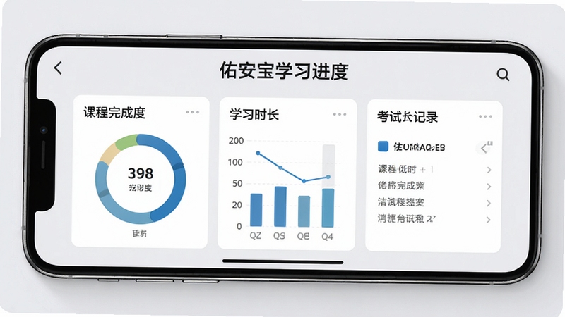 佑安宝学习进度页面,展示课程完成度、学习时长和考试记录,图表样式专业,背景为浅灰,界面清晰,手机横屏展示,光线均匀,细节丰富,风格商务