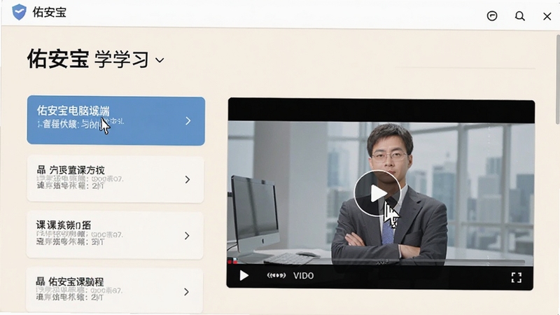 佑安宝电脑端学习页面,显示课程列表和视频播放窗口,背景为浅色,界面布局清晰,鼠标指针悬停在播放按钮上,光线明亮,细节丰富,风格商务