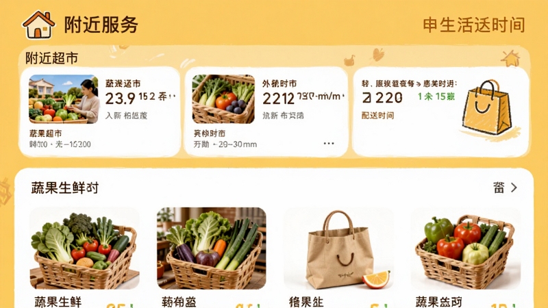 惠买App生活服务板块界面模拟图,上半部分显示附近超市列表与配送时间,下半部分展示蔬果生鲜商品缩略图。整体采用暖黄色调,搭配手绘风格的房屋和购物袋图标,营造出温馨、便捷的社区生活氛围。
