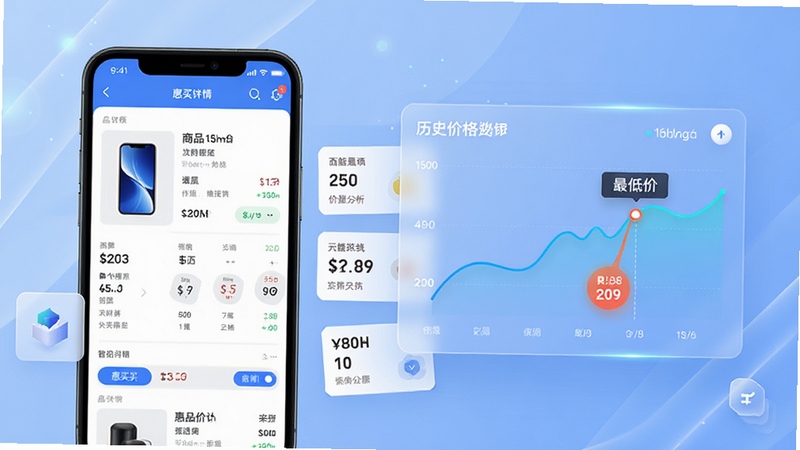 一张惠买App功能预览图,左侧是商品详情页,右侧悬浮着历史价格曲线图,图表线条清晰标出最低价节点。背景采用柔和的蓝色渐变,搭配简洁的数据卡片元素,整体风格现代且具有科技感,强调智能分析与价格透明。