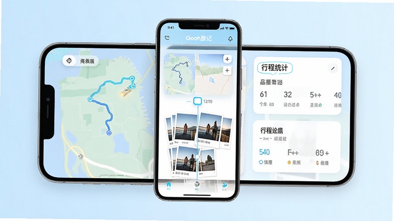 Gooh旅记软件主界面预览图,展示其简洁清新的旅行记录功能,包含地图轨迹、照片时间轴和行程统计卡片,整体风格明亮舒适,背景为淡蓝色渐变,手机界面居中展示,细节丰富,高清渲染