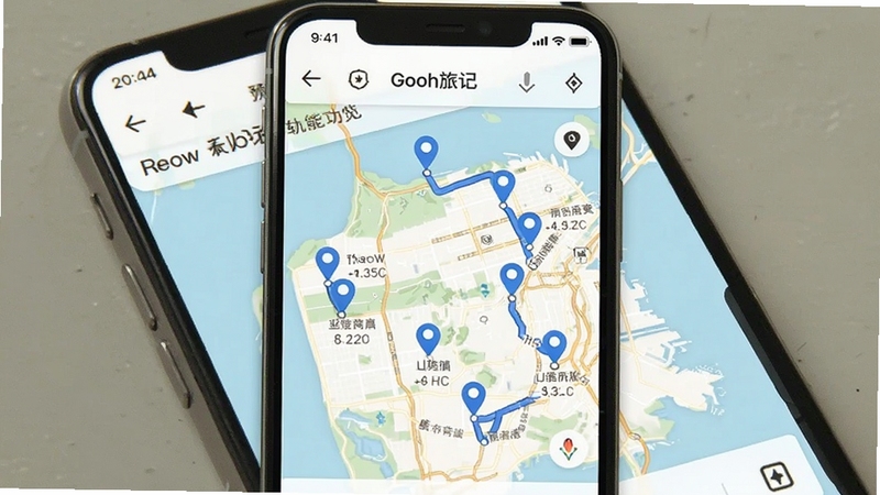 Gooh旅记轨迹记录功能预览图,展示手机屏幕上显示的详细地图路线,带有多个标记点和距离统计,界面简洁,地图背景为浅色风格,路线以蓝色线条高亮显示,整体画面清晰直观