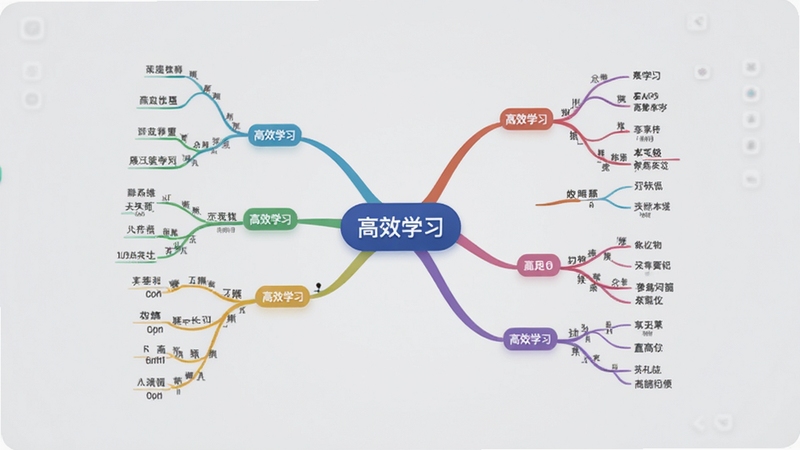 享做思维主界面预览图,画面中央展示一个色彩丰富的思维导图,中心主题为“高效学习”,向外延伸多个分支节点,背景为淡雅的浅灰色,整体风格简洁现代,突出软件的易用性与专业性,画面比例16:9,构图饱满,光线柔和