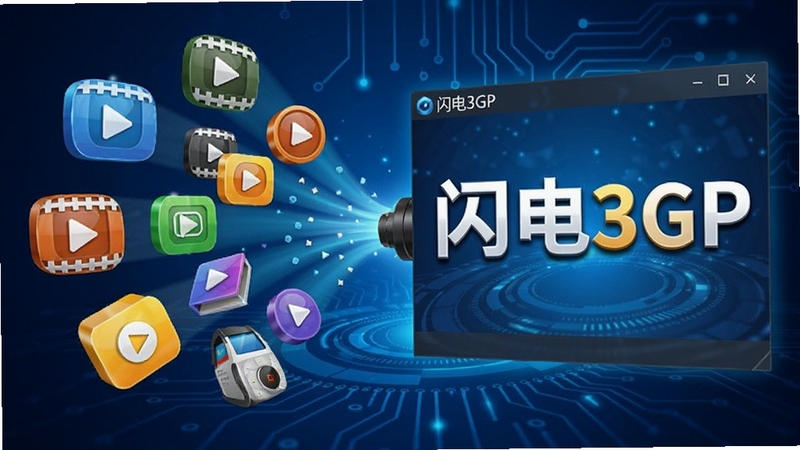 闪电3GP手机视频转换器功能预览图,屏幕中展示多种视频格式图标汇聚到软件界面,软件名称醒目,背景为深蓝色科技风格,图标立体感强,色彩鲜艳,突出多格式兼容特性