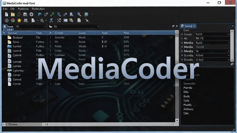 MediaCoder主界面预览图,展示其简洁的工具栏、文件列表和编码信息面板,背景为深色科技感,主视觉中心突出软件名称MediaCoder,整体风格清晰专业