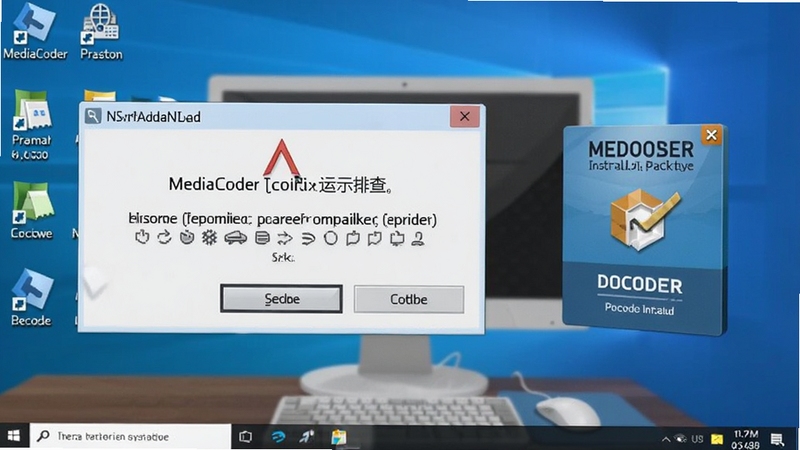 MediaCoder运行错误排查示意图,画面中显示一个弹窗警告,旁边有解码器安装包的图标,背景为电脑桌面,提示用户安装必要组件