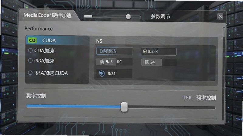 MediaCoder硬件加速与参数调节面板预览,显示CUDA加速选项和码率控制滑块,背景为灰色科技质感,强调性能与灵活性的结合