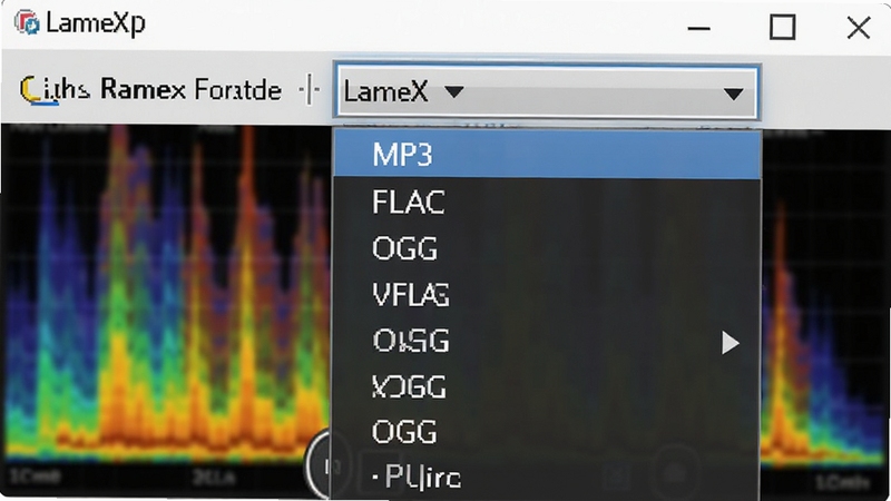 չʾLameXP��ʽѡ�������˵�����д���棬�˵����г���MP3��FLAC��OGG�ȶ�����Ƶ��ʽѡ�����Ϊģ������ƵƵ��ͼ��ɫ�����ޣ�ͻ��LameXP����ǿ��ĸ�ʽ֧�������������ʸ�ϸ�壬��ͼ��������ֱ��չʾ�������ܡ�