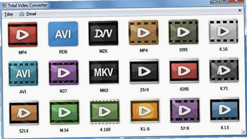 Total Video Converter 格式选择界面,展示多种视频格式图标,如MP4、AVI、MKV等,界面布局清晰,图标色彩鲜艳,背景为白色,软件名称在顶部工具栏,画面比例为16:9