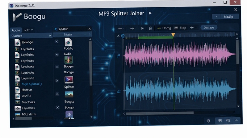 Boogu生成图片:MP3 Splitter Joiner 主界面预览图,画面展示软件在电脑上运行的全貌,左侧为音频文件列表,右侧为波形编辑区域,背景为深蓝色的软件操作界面,细节清晰,科技感十足