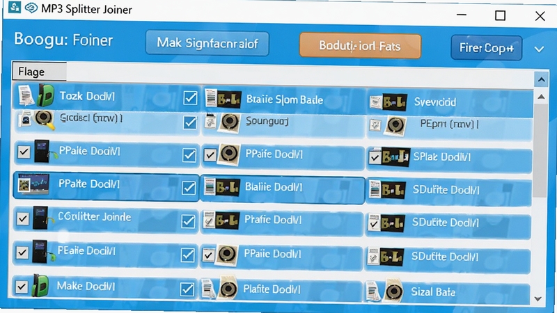 Boogu生成图片:展示MP3 Splitter Joiner 批量处理功能的界面,界面中有一个文件列表,排列着多个音频文件,每个文件前有勾选状态,顶部有批量转换和批量分割的按钮,背景为明亮的软件窗口,强调其高效处理能力