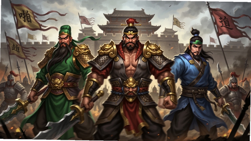 创作一幅数字绘画风格的游戏宣传图,主体为啪啪三国游戏中的三位标志性武将(关羽、张飞、赵云)并肩站立在硝烟弥漫的古战场中央,背景是巍峨的城池与飘扬的军旗,画面细节丰富,色彩厚重,突出三国题材的磅礴气势与武将的英勇身姿,整体构图具有史诗感,适合作为游戏横幅预览图