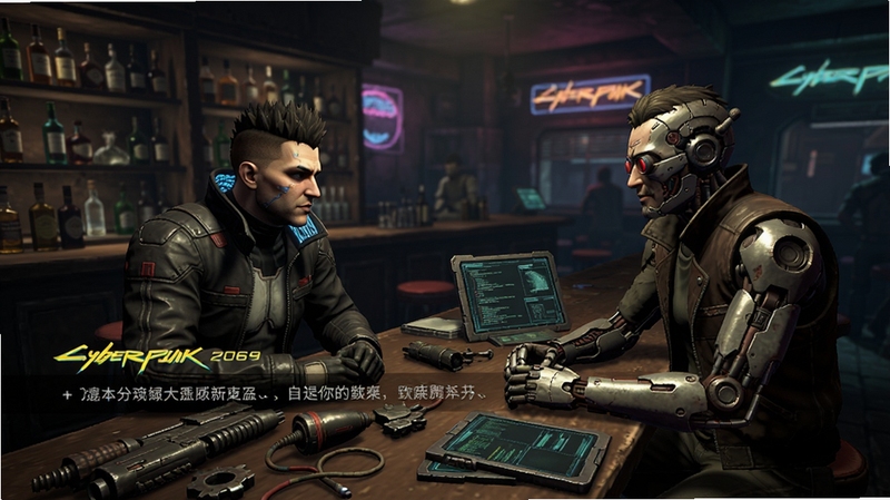 CyberPunk 2069 剧情对话界面,主角与一名机械义体商人在昏暗的酒吧中交谈,桌面摆满零件与数据板,背景是酒柜与霓虹灯,人物表情细腻,氛围感强,游戏实机截图