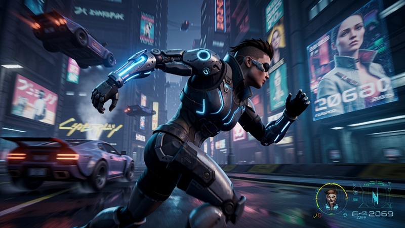 CyberPunk 2069 游戏角色在霓虹街道奔跑动作场景,动态模糊效果,义体手臂发光,背景有飞行汽车与全息广告,赛博朋克风格,色彩鲜艳,动作感强,游戏实机截图