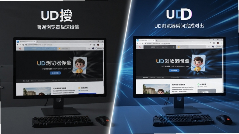 UD浏览器极速加载网页的对比场景,左侧为普通浏览器加载缓慢,右侧为UD浏览器瞬间完成加载,画面动感,突出速度优势