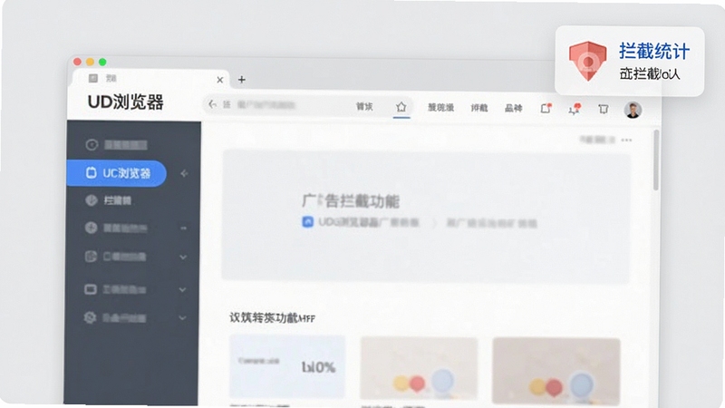 UD浏览器广告拦截功能示意图,干净整洁的网页界面,角落有拦截统计小图标,背景为浅灰色,突出清爽感