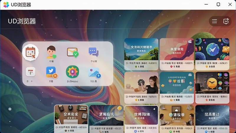 UD浏览器个性化起始页编辑界面,用户正在拖拽图标和更换壁纸,界面色彩丰富,展示多种主题选项