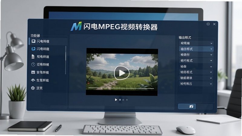 闪电MPEG视频转换器主界面预览图,显示简洁的深蓝色调操作面板,左侧为功能列表,中间为视频文件拖拽区域,右侧为输出格式选择栏,背景为现代化办公桌场景,电脑屏幕上清晰展示软件名称“闪电MPEG视频转换器”的英文Logo,整体画质清晰,光线柔和,符合专业软件展示风格。