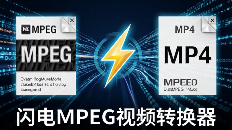 闪电MPEG视频转换器转换过程加速效果示意图,画面左侧显示原始MPEG文件,右侧显示转换后的MP4文件,中间用闪电图标连接,背景有高速流动的数字光效,整体风格动感科技,突出“闪电”般的速度感,画面下方标注“闪电MPEG视频转换器”字样。