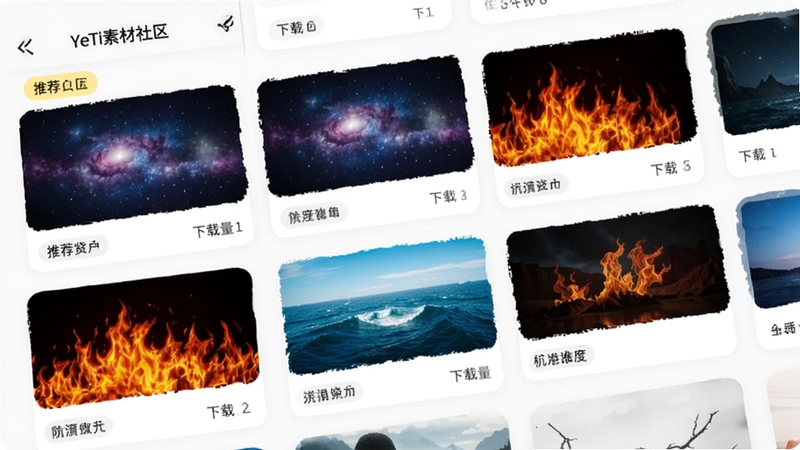 YeTi素材社区界面,展示多款不同风格的动态壁纸缩略图,包括星空、海洋、火焰等,界面采用卡片式布局,色调明亮,有推荐标签和下载量显示,适合移动端UI设计