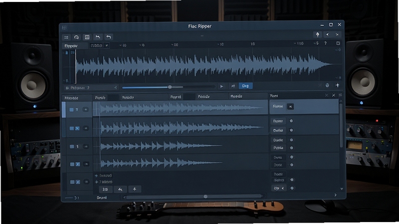 Flac Ripper 软件主界面预览图,展示其简洁的音频分割操作面板,背景为深色音乐工作室风格,界面中央显示音频波形与轨道列表,整体色调以蓝灰为主,突出专业与高效,画面高清,细节丰富