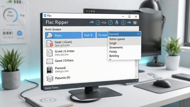 Flac Ripper 批量转换功能界面,展示多文件队列与格式选择下拉菜单,背景为现代简约工作台,画面突出转换速度与多格式支持,色调明亮,清晰展示软件操作流程