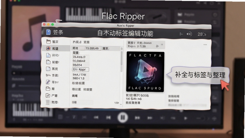 Flac Ripper 自动标签编辑功能展示,界面显示音乐文件元数据信息与封面图,背景为音乐播放器风格,画面突出标签补全与整理效果,色调柔和,细节丰富