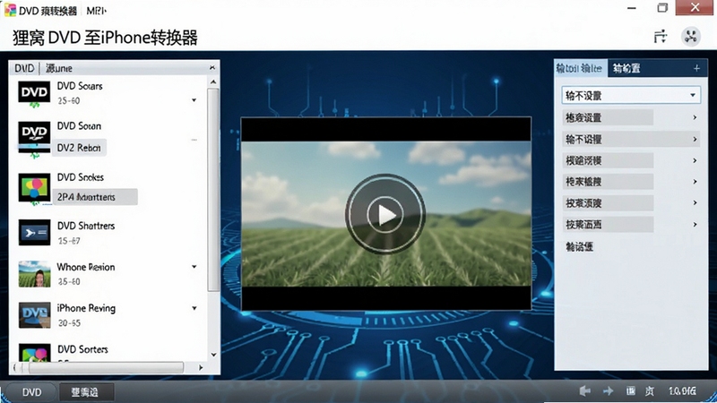 狸窝DVD至iPhone转换器主界面预览图,左侧为DVD源文件列表,右侧为输出设置面板,中央显示视频预览窗口,背景为深蓝色科技感风格,整体界面简洁明亮,突出软件名称和功能区域