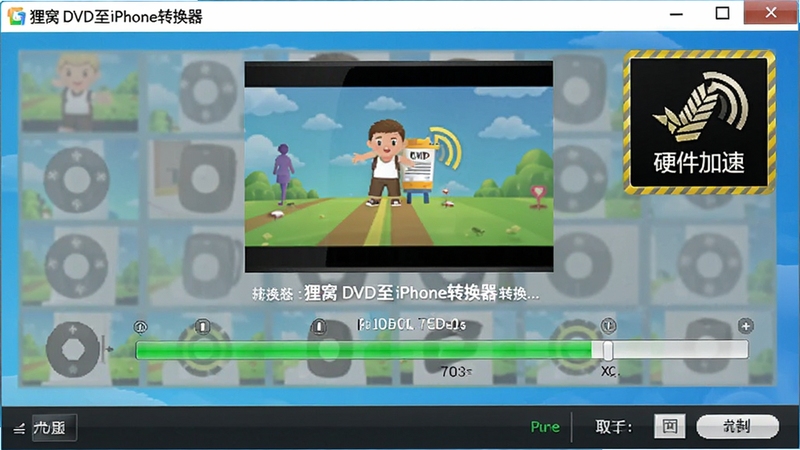 狸窝DVD至iPhone转换器转换过程截图,显示进度条和正在转换的文件名称,背景为程序主界面,突出转换速度和硬件加速标识,画面清晰,色彩鲜艳
