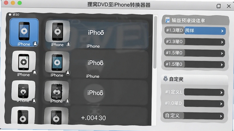 狸窝DVD至iPhone转换器输出预设选择界面,列出多种iPhone机型图标和对应分辨率,背景为简洁设置面板,突出预设选项和自定义参数区域,风格清晰友好