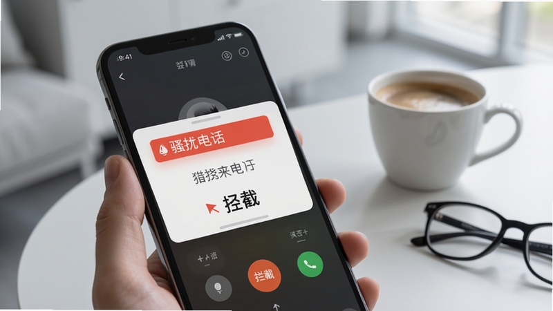 猎鹰拦截智能来电识别功能预览图,画面展示手机通话界面,屏幕上弹出“骚扰电话”红色标签及拦截按钮,背景为浅灰色室内环境,手机旁放置一杯咖啡与眼镜,体现日常使用场景,画面写实清晰