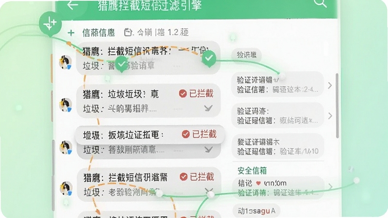 猎鹰拦截短信过滤引擎界面截图,画面主体为手机短信列表,垃圾短信被折叠显示并标注“已拦截”,验证码短信被分类到安全信箱,背景为淡绿色渐变,象征安全与清新,界面设计简洁明了