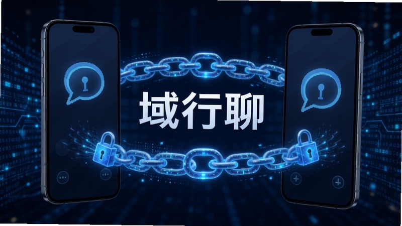 域行聊加密通信功能示意图,两部手机之间有一条发光的加密锁链,背景为科技感蓝色数据流,强调安全传输,画面中央显示“域行聊”字样,氛围专业且值得信赖