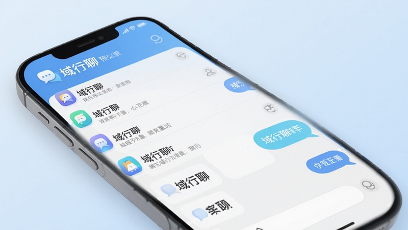 域行聊主界面预览图,手机屏幕显示聊天列表与对话框,背景为浅蓝色渐变,界面简洁现代,图标圆润,突出软件名称“域行聊”,整体风格明亮清晰,高清渲染,适合应用商店展示