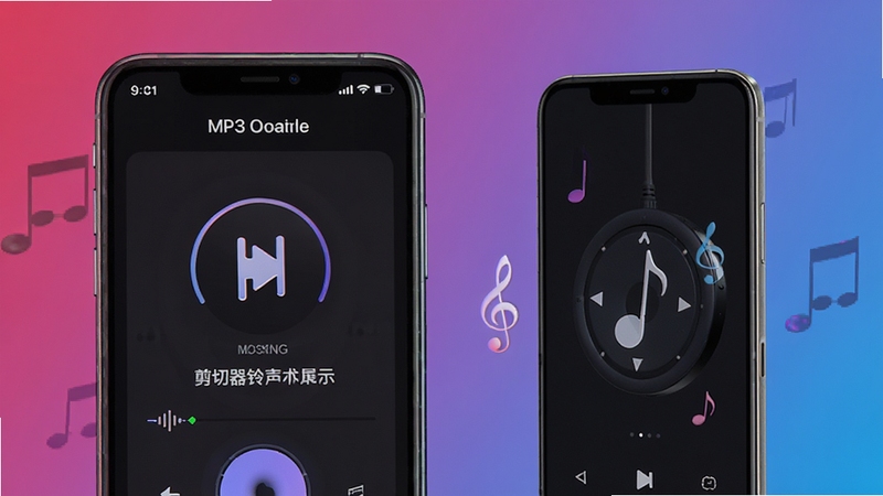 MP3剪切器铃声制作功能展示,手机屏幕显示制作完成的铃声文件,旁边有音乐符号和手机模型,背景为渐变色,突出便捷性
