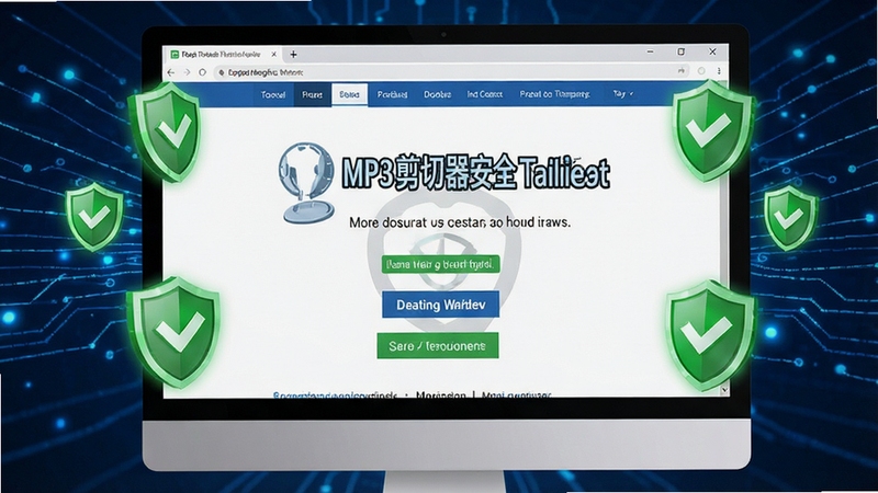 MP3剪切器安全下载提示,电脑屏幕显示官方下载页面,周围有绿色安全盾牌图标,背景为蓝色科技感元素,强调安全可靠