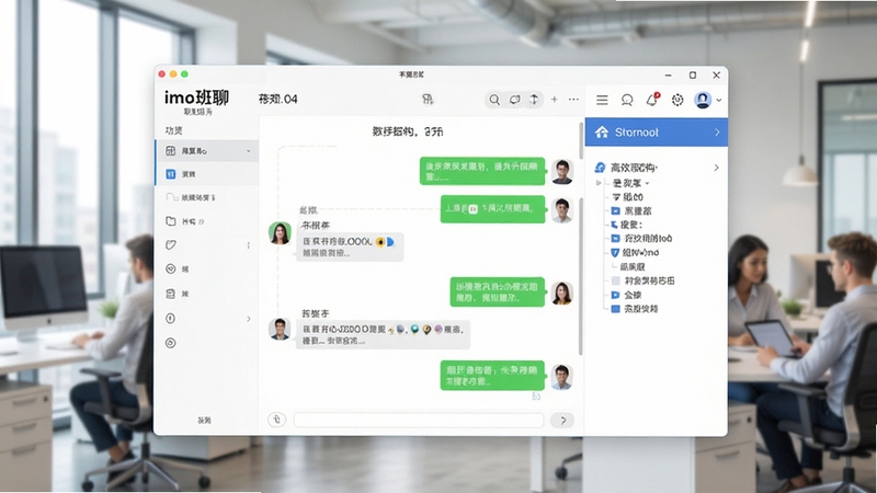 imo班聊主界面预览图,展示其简洁的聊天窗口、组织架构树和功能菜单布局,背景为现代办公场景,画面主体为软件界面,整体风格明亮清晰,突出高效协作氛围