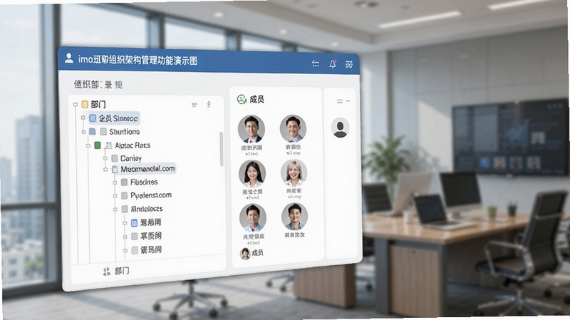 imo班聊组织架构管理功能演示图,展示树形部门列表和成员头像,界面清晰,背景为商务办公室,突出企业通讯录的便捷性