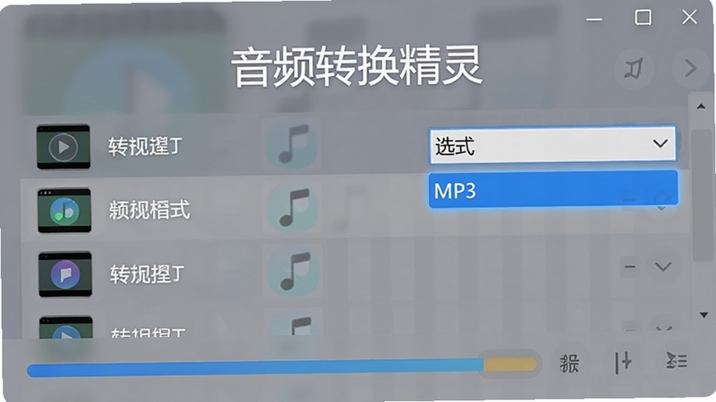 音频转换精灵批量转换界面,展示多个音频文件列表,格式选择下拉框高亮显示MP3选项,进度条正在处理中,背景为柔和的灰色调,突出软件名称“音频转换精灵”,画面清晰直观