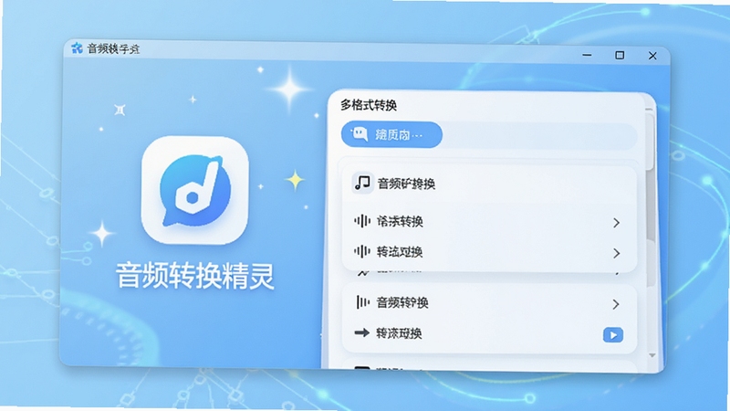 音频转换精灵主界面,展示软件LOGO与多格式转换列表,背景为浅蓝色科技感渐变,界面干净明亮,突出软件名称“音频转换精灵”,整体风格现代简约,适合作为软件预览图