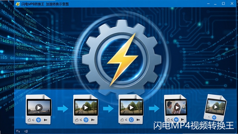 闪电MP4视频转换王加速转换功能示意图,画面展示一个高速旋转的齿轮与闪电图标,背景有动态数据流线条,前景显示多个视频文件正在同时转换,界面以蓝色科技感为主,突出快速与高效,软件名称以水印形式出现在画面右下角