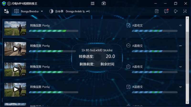 闪电MP4视频转换王批量转换界面,展示多个视频文件列表,每个文件后有进度条,背景为深蓝色调,界面中央显示转换速度与剩余时间,软件名称在顶部导航栏中,整体风格科技感十足,适配Boogu模型生成