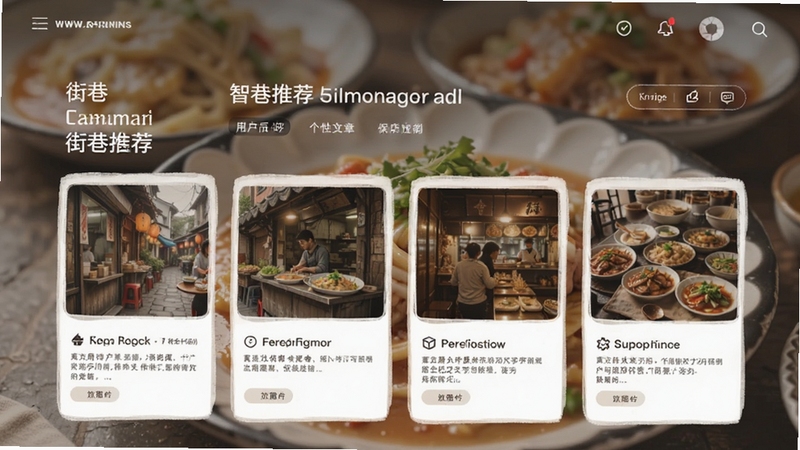 �����������Ի��Ƽ�ҳ�棬չʾ�����û�ϲ���Ƽ��Ľ������º͵��̿�Ƭ������Ϊģ������ʳͼƬ������ɫ����ͣ�ͻ�������Ƽ�����Ի�����