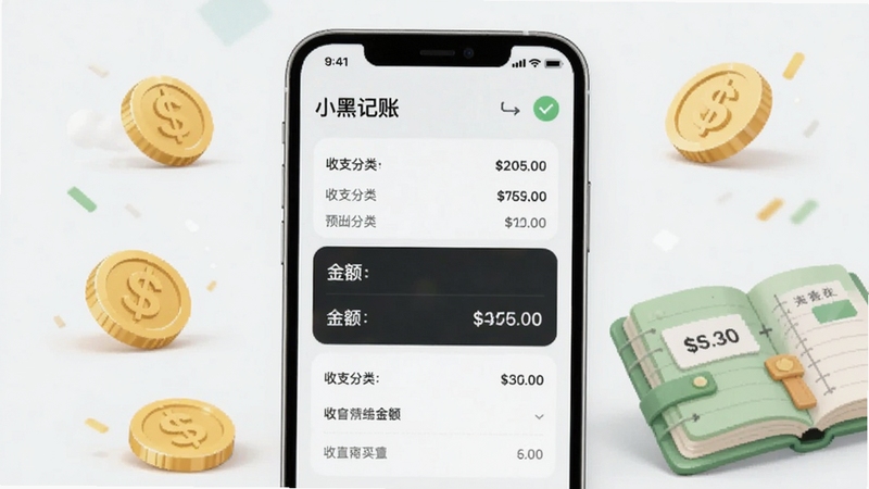 小黑记账主界面预览图,展示清晰的收支分类和余额显示,背景为浅色系,手机居中,周围有金币和账本元素,整体风格简约清新,适配Boogu模型生成。