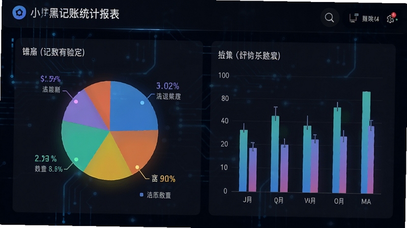 小黑记账统计报表界面,展示彩色饼图和柱状图,背景为深色系,数据清晰可读,整体风格专业且富有科技感。