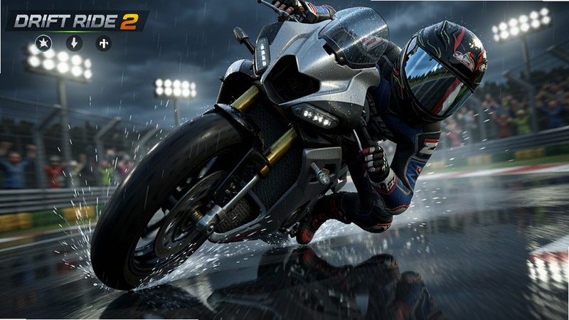 DRIFT RIDE 2��Ϸ������д��һ��Ħ�г���������ʪ��·����м���ѹ�䣬���ֽ���ˮ����������б�Ƕȼ��󣬵����������ķ��⣬ͷ�������Ϸ���������ߵĵƹ⣬����дʵ����̬ģ��Ч����ɫ��չ����Ϸ���������ϸ�����