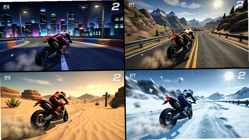 DRIFT RIDE 2 ���������ϼ�������ָ�Ϊ�ĸ�С���ڣ��ֱ�չʾ����ҹ��������ɽ�乫·������ɳĮ��������ͱ�ѩ������ÿ�������ڵ�Ħ�г����ڽ��в�ͬ��Ư�ƶ���������ɫ������������ϸ�ڷḻ��չ����Ϸ���������������